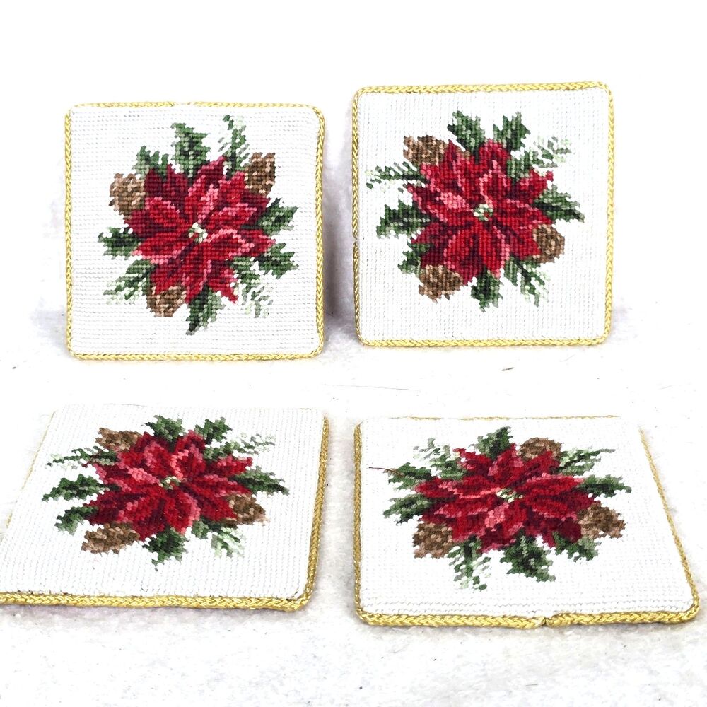 Vintage Neiman Marcus 4x4" Drink Coasters Christmas Red Poinsettia Cross Stiched